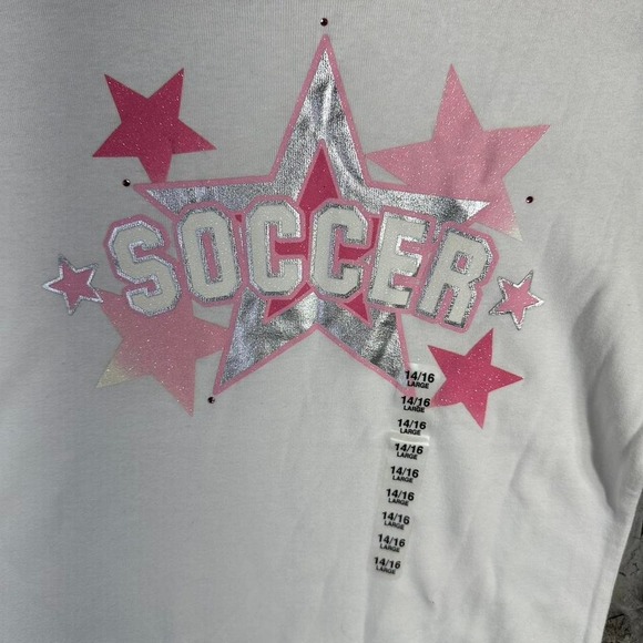 vintage Y2K soccer baby tee with pink‎ and white design Kids Large 14/16 - Picture 2 of 5